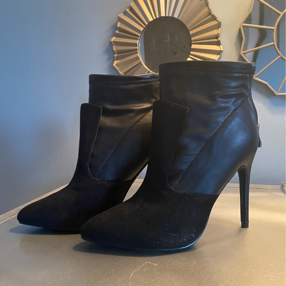 Suede Flap Leather Contrast Skinny 4" Heel Calf Boot